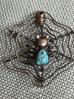 Vintage NAVAJO TURQUOISE Spider Sterling Silver SPIDERWEB Pin Brooch