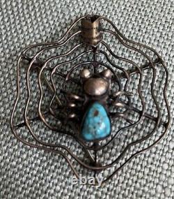 Vintage NAVAJO TURQUOISE Spider Sterling Silver SPIDERWEB Pin Brooch