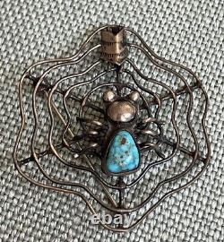 Vintage NAVAJO TURQUOISE Spider Sterling Silver SPIDERWEB Pin Brooch