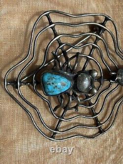 Vintage NAVAJO TURQUOISE Spider Sterling Silver SPIDERWEB Pin Brooch