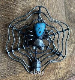 Vintage NAVAJO TURQUOISE Spider Sterling Silver SPIDERWEB Pin Brooch