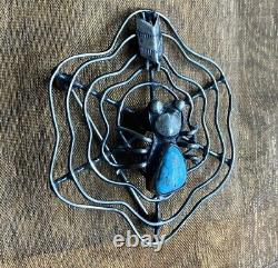 Vintage NAVAJO TURQUOISE Spider Sterling Silver SPIDERWEB Pin Brooch