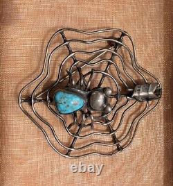 Vintage NAVAJO TURQUOISE Spider Sterling Silver SPIDERWEB Pin Brooch