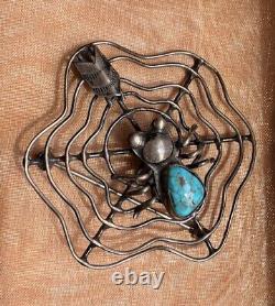 Vintage NAVAJO TURQUOISE Spider Sterling Silver SPIDERWEB Pin Brooch