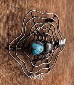 Vintage NAVAJO TURQUOISE Spider Sterling Silver SPIDERWEB Pin Brooch