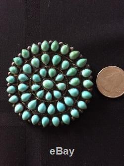 Vintage NAVAJO ZUNI Sterling Silver & PETIT POINT Turquoise Cluster PIN BROOCH