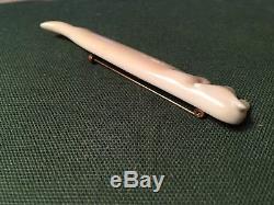 Vintage NW Coast Carved Walrus Tusk Silver Fox Pin Brooch 3.5 Inuit Indian