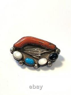 Vintage Native American Branch Coral & Turquoise Brooch Pin