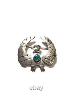 Vintage Native American Green Turquoise Sterling Silver Thunderbird Pin