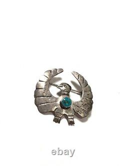 Vintage Native American Green Turquoise Sterling Silver Thunderbird Pin