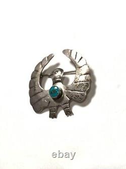 Vintage Native American Green Turquoise Sterling Silver Thunderbird Pin