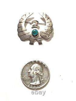 Vintage Native American Green Turquoise Sterling Silver Thunderbird Pin