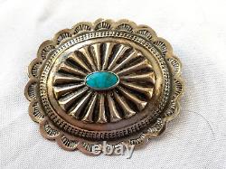 Vintage Native American Indian Handmade Sterling Turquoise Tooled Concho Pin