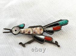 Vintage Native American Indian Sterling Turquoise Shell Coral Road Runner Pin