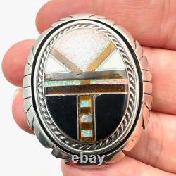 Vintage Native American Inlay Gemstone Pin Brooch Sterling Silver Opal Tiger Eye