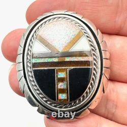 Vintage Native American Inlay Gemstone Pin Brooch Sterling Silver Opal Tiger Eye