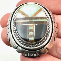 Vintage Native American Inlay Gemstone Pin Brooch Sterling Silver Opal Tiger Eye