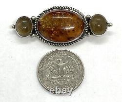 Vintage Native American J. Linkin Sterling Silver Amber Pin Brooch 8.83g 2.1/8