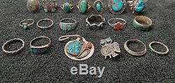 Vintage Native American Jewelry Zuni Inlay Silver Turquoise Ring Tag Pin Lot