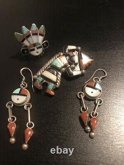 Vintage Native American Jewelry Zuni Inlay Sun Face Earrings, Pin, & Ring Lot