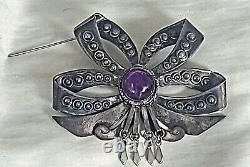 Vintage Native American Mexico Sterling Silver Amethyst Ribbon Brooch SIGNED