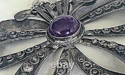 Vintage Native American Mexico Sterling Silver Amethyst Ribbon Brooch SIGNED