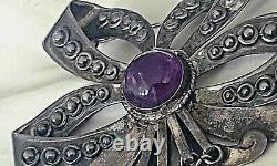 Vintage Native American Mexico Sterling Silver Amethyst Ribbon Brooch SIGNED