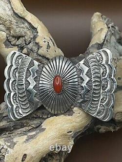 Vintage Native American Navajo Sterling Silver Bow Tie Coral Pin 41g