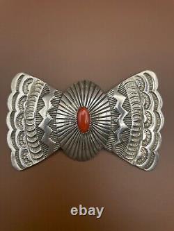 Vintage Native American Navajo Sterling Silver Bow Tie Coral Pin 41g