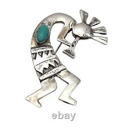 Vintage Native American Navajo Sterling Silver & Turquoise Kokopelli Brooch Pin