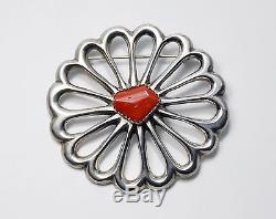 Vintage Native American Navajo Sterling Silver and Coral Sandcast Flower Pin