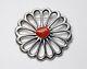 Vintage Native American Navajo Sterling Silver And Coral Sandcast Flower Pin