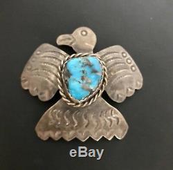 Vintage Native American Navajo Sterling Thunderbird Eagle Turquoise Pin AJC