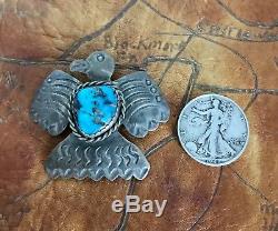 Vintage Native American Navajo Sterling Thunderbird Eagle Turquoise Pin AJC