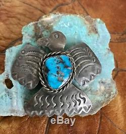 Vintage Native American Navajo Sterling Thunderbird Eagle Turquoise Pin AJC