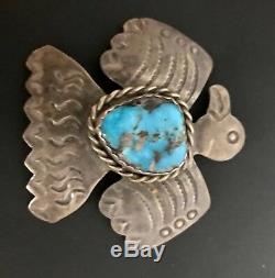 Vintage Native American Navajo Sterling Thunderbird Eagle Turquoise Pin AJC