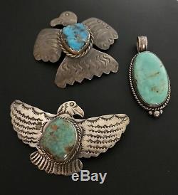 Vintage Native American Navajo Sterling Thunderbird Eagle Turquoise Pin AJC