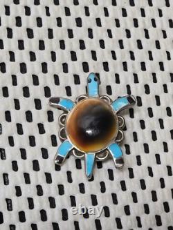 Vintage Native American Navajo Turtle Turquoise Sterling Silver Brooch Pin