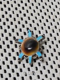Vintage Native American Navajo Turtle Turquoise Sterling Silver Brooch Pin