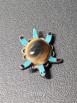 Vintage Native American Navajo Turtle Turquoise Sterling Silver Brooch Pin