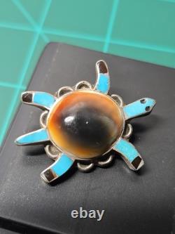 Vintage Native American Navajo Turtle Turquoise Sterling Silver Brooch Pin