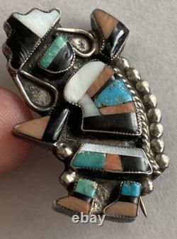 Vintage Native American Rainbow Man Pin Silver Onyx Coral Turquoise Mother Pearl