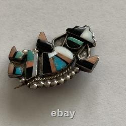 Vintage Native American Rainbow Man Pin Silver Onyx Coral Turquoise Mother Pearl