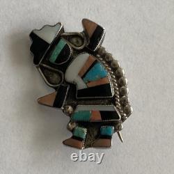 Vintage Native American Rainbow Man Pin Silver Onyx Coral Turquoise Mother Pearl