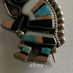 Vintage Native American Rainbow Man Pin Silver Onyx Coral Turquoise Mother Pearl