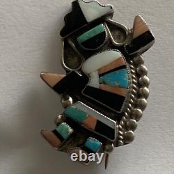Vintage Native American Rainbow Man Pin Silver Onyx Coral Turquoise Mother Pearl