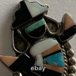 Vintage Native American Rainbow Man Pin Silver Onyx Coral Turquoise Mother Pearl
