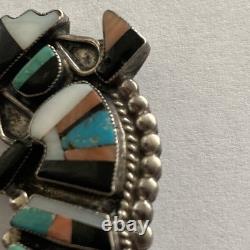 Vintage Native American Rainbow Man Pin Silver Onyx Coral Turquoise Mother Pearl
