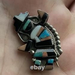 Vintage Native American Rainbow Man Pin Silver Onyx Coral Turquoise Mother Pearl
