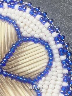 Vintage Native American Seed Bead Leather Feather Beading Pin Brooch Blue Flower